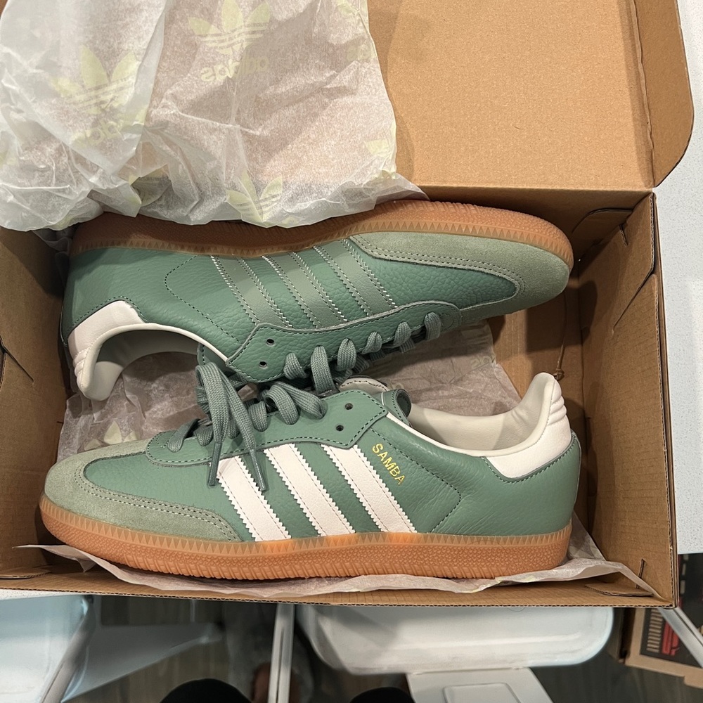 Green Adidas OG Sambas. Women’s size 9. Brand new with box, never worn.